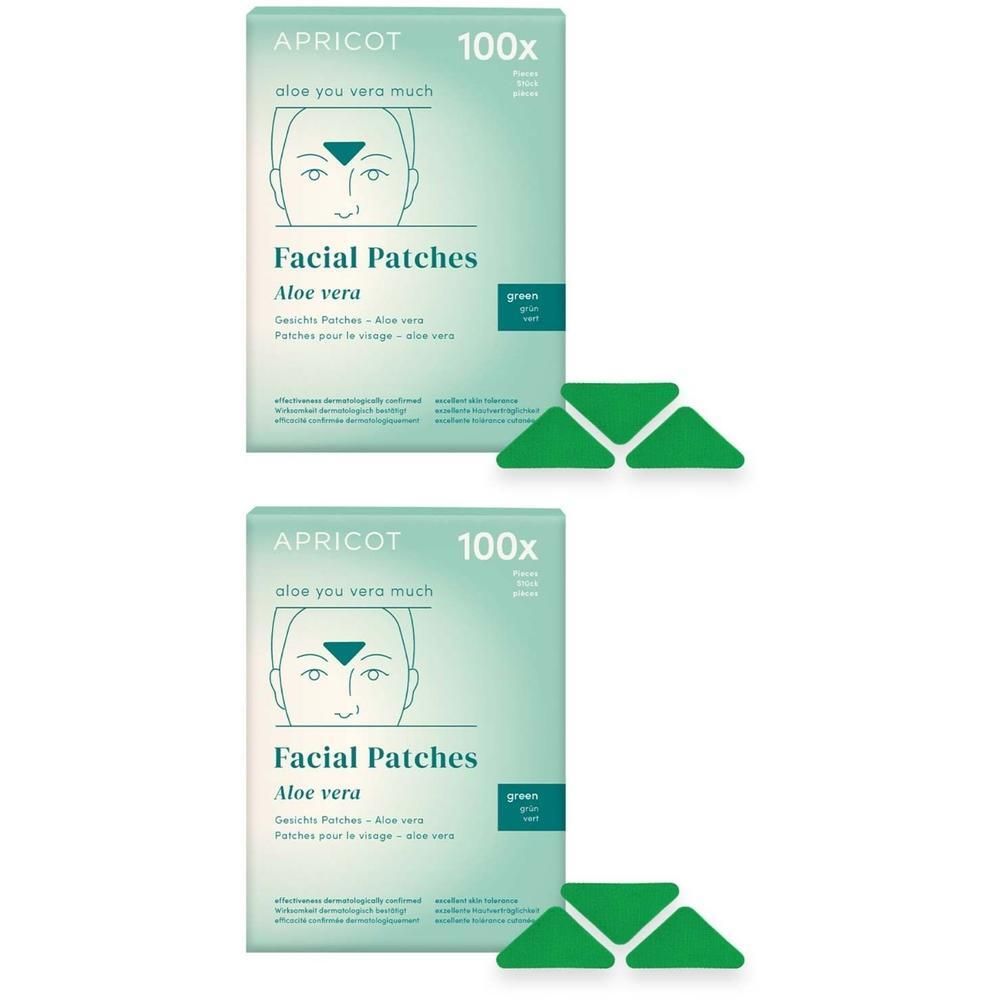 Zwei Packungen Gesichtspatches. Grün, dreieckig. Aufschrift: APRICOT, Facial Patches, Aloe vera. 100 Stück.