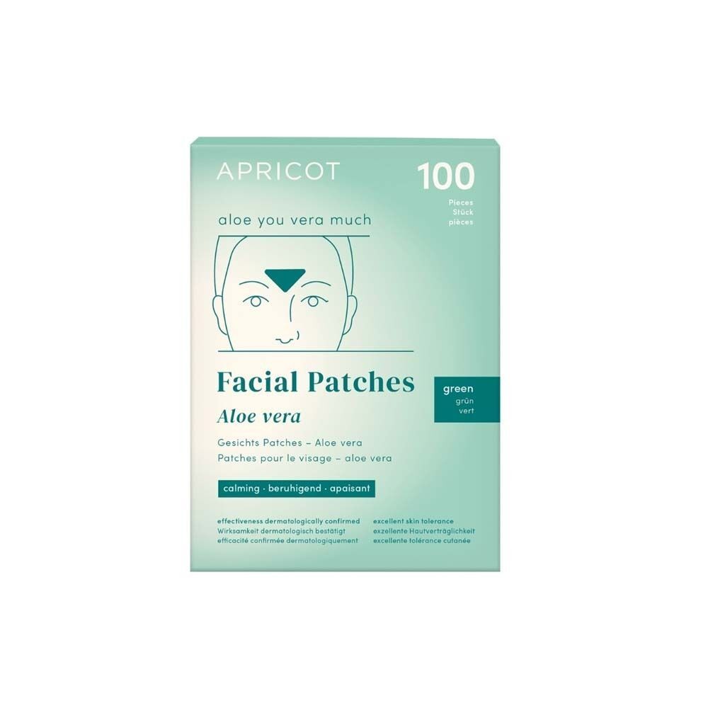 Verpackung Gesichtspatches. Grün, quadratisch. Aufschrift: APRICOT, Facial Patches, Aloe vera. 100 Stück.