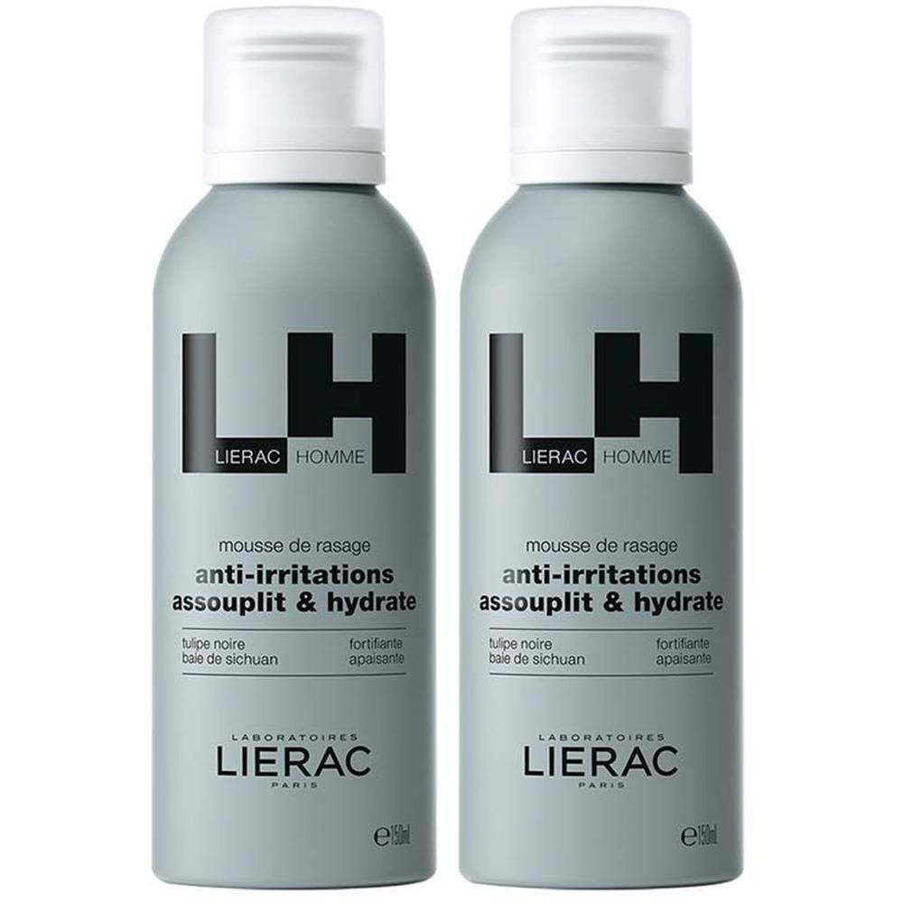 Zwei graue Aerosol-Rasier-Schaumdosen mit weißem Deckel. Aufschrift: LH, LIERAC HOMME, mousse de rasage, anti-irritations.