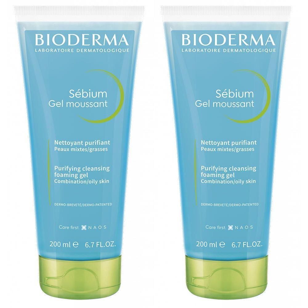 Zwei blaue Tuben mit grünem Verschluss. Aufschrift: BIODERMA, Sébium Gel moussant. Für Mischhaut/fettige Haut. 200 ml.