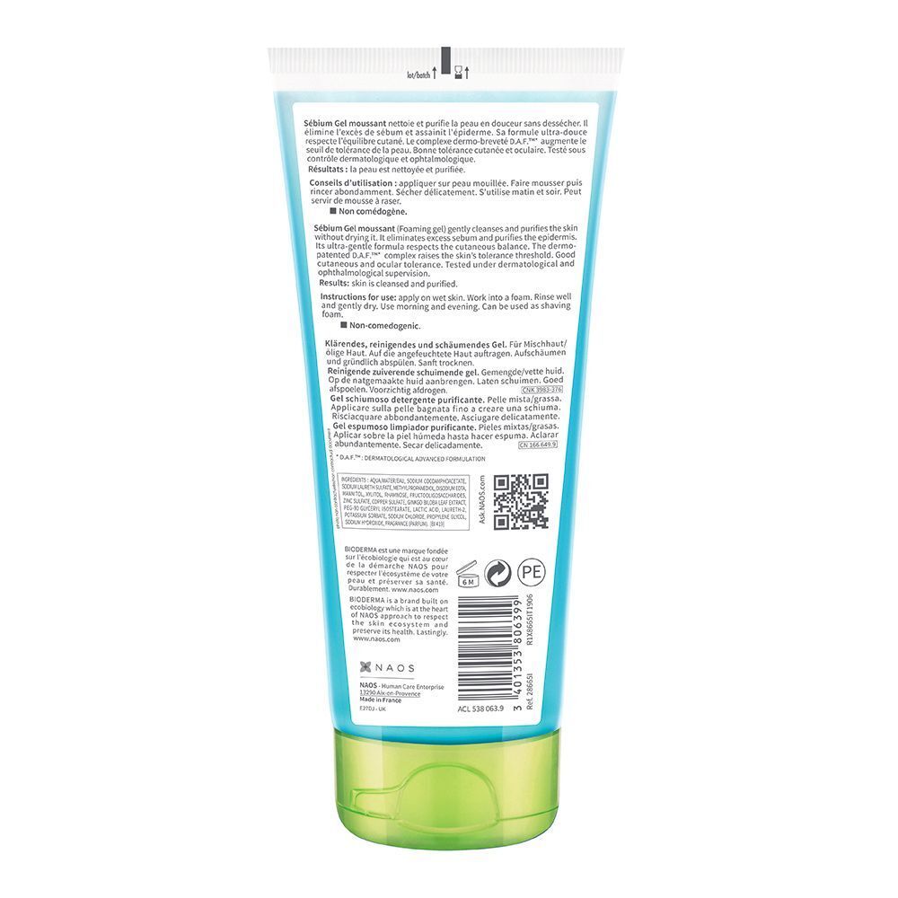 Rückseite einer blauen Tube. Text in mehreren Sprachen. QR-Code, Barcode, und Informationen zur Inhaltsstoffen.