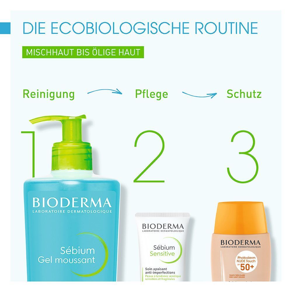Die ecobiologische Routine: Reinigung, Pflege, Schutz. Produkte: Sébium Gel moussant, Sébium Sensitive, Sonnencreme.