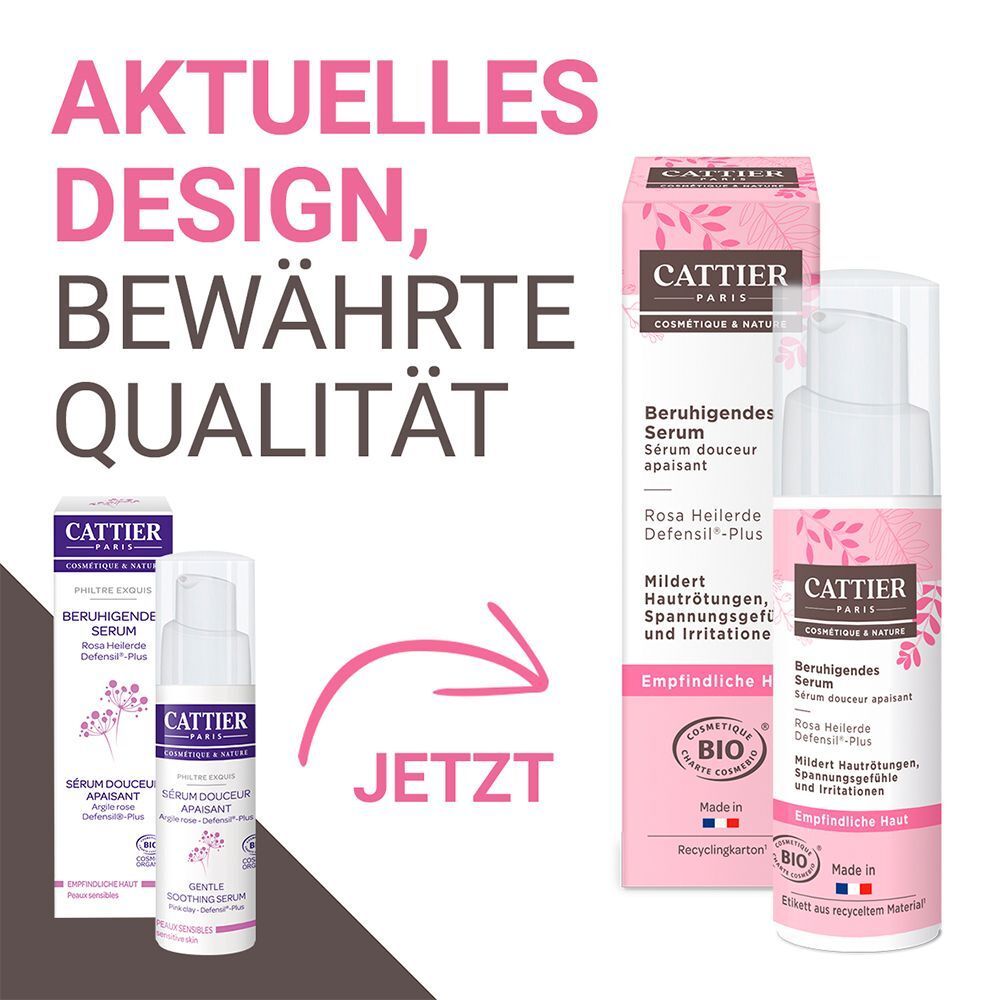 Zwei Produkte: Serumflasche und Verpackung. Aufschrift: CATTIER, Beruhigendes Serum, Rosa Heilerde, Defensil®-Plus. Bio-Zertifizierung. Text: Aktuelles Design, bewährte Qualität.