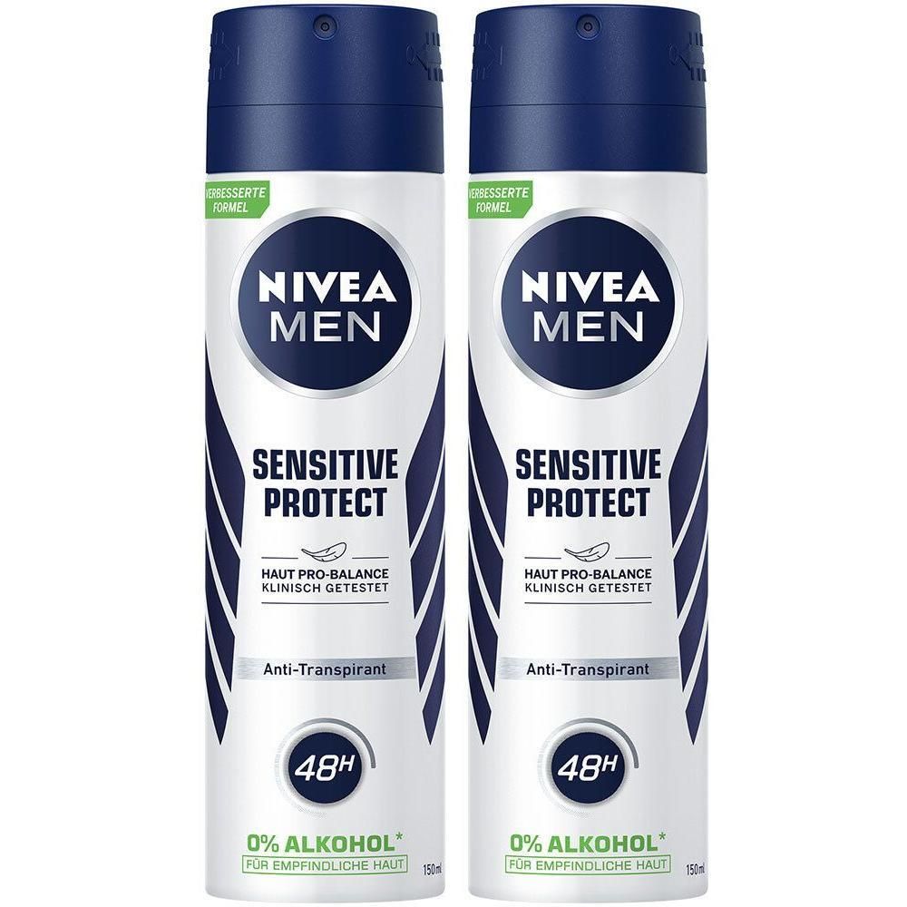 Zwei Deosprays NIVEA MEN Sensitive Protect. Weiße Dosen mit blauen Deckeln. Aufschrift: Sensitive Protect, 48H, 0% Alkohol.