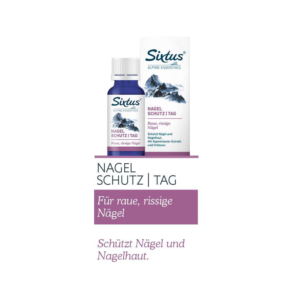 Blaue Flasche und Tube. Aufschrift: Sixtus, Nagel Schutz Tag. Text: Für raue, rissige Nägel. Schützt Nägel und Nagelhaut.