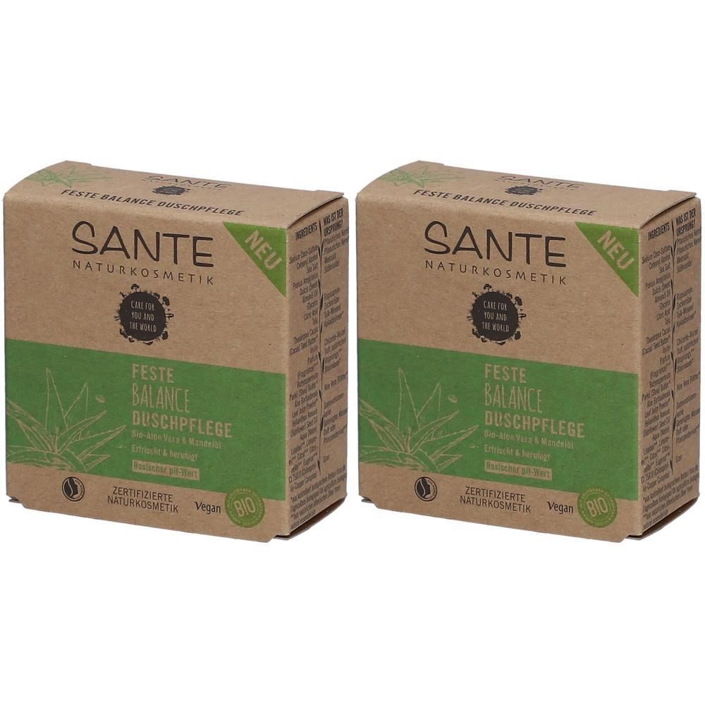 Zwei rechteckige Kartons mit Produktinformationen. Aufschrift: SANTE Naturkosmetik, Feste Balance Duschpflege, Bio-Aloe Vera & Mandelöl. Vegan.