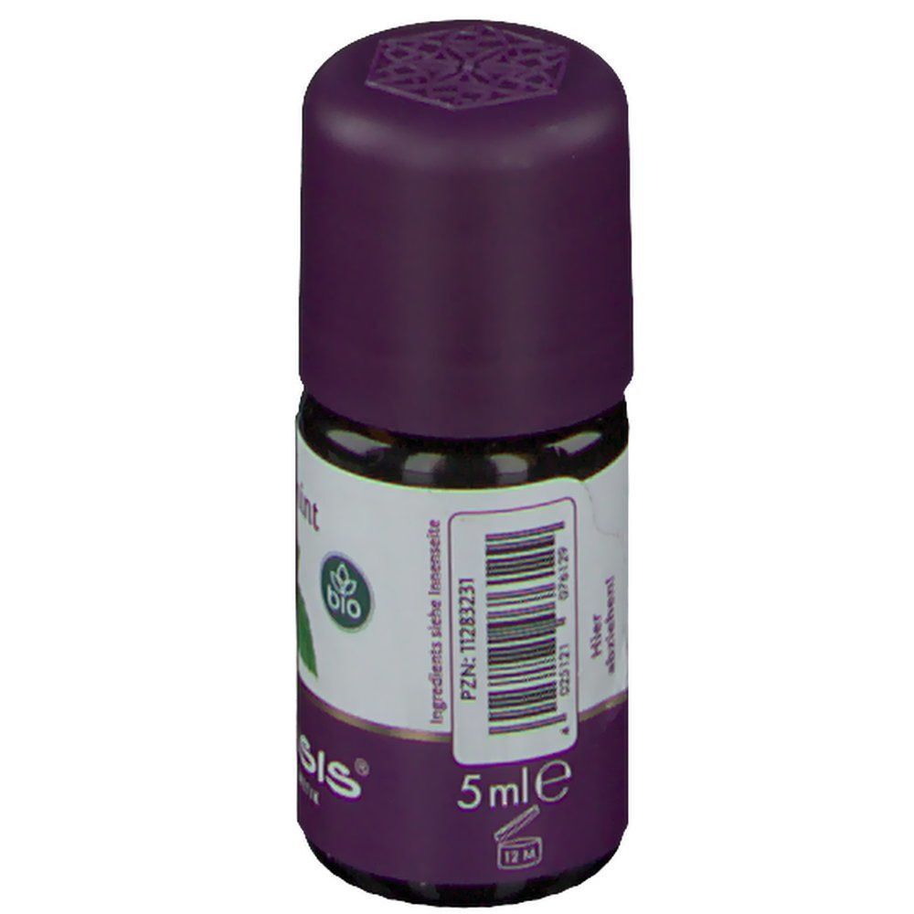 Kleine Flasche mit lila Deckel. Aufschrift: Spearmint, Bio-Siegel, 5 ml, TAOASIS Aromakosmetik. Rückseite mit Barcode.