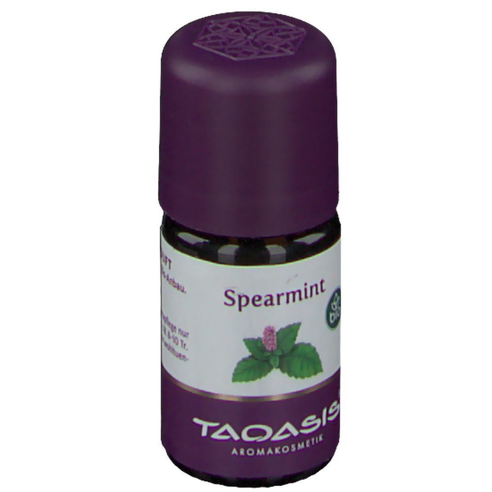 Kleine Flasche mit lila Deckel. Aufschrift: Spearmint, Bio-Siegel, TAOASIS Aromakosmetik. Abbildung von Minze.