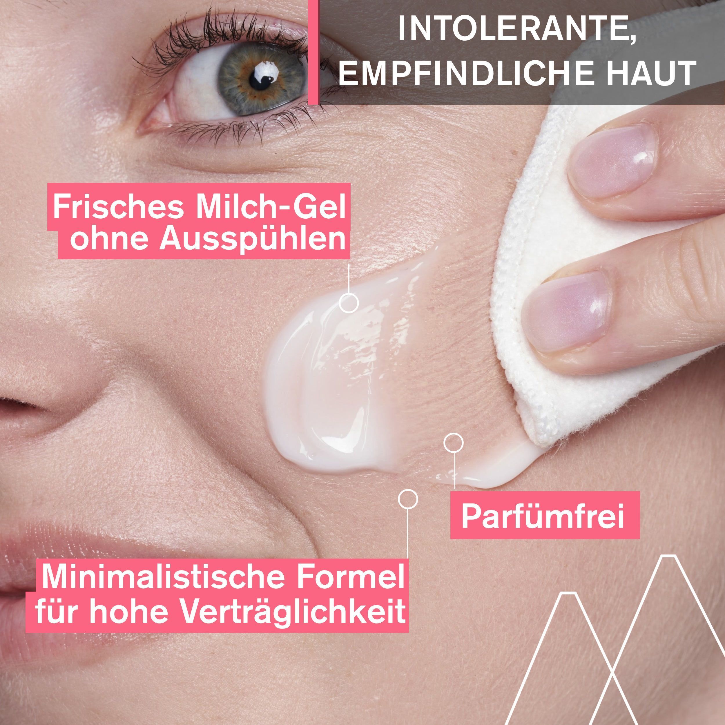 Nahaufnahme eines Gesichts. Aufgetragenes Milch-Gel und Wattepad. Text: 'Parfümfrei', 'Minimalistische Formel'.