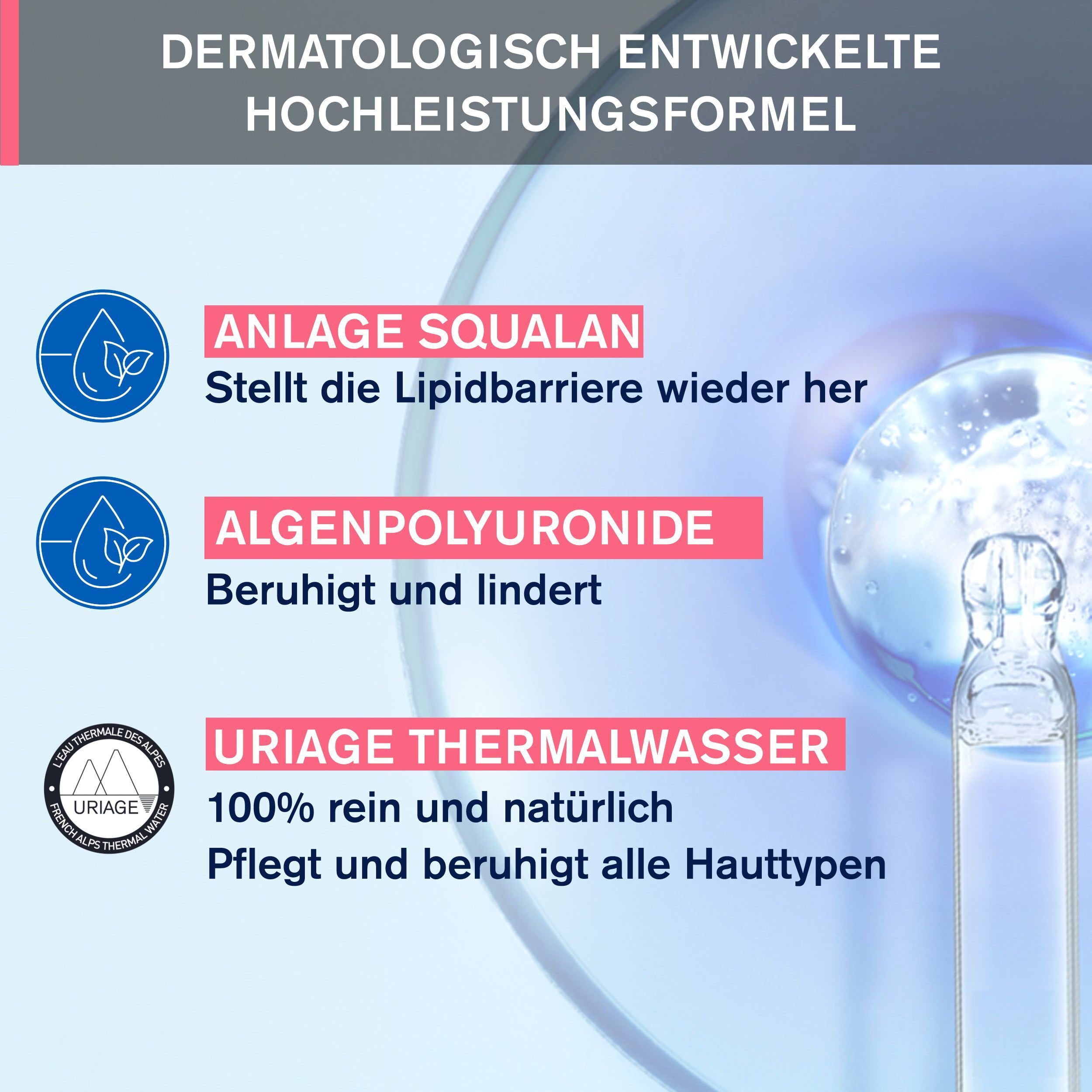 Grafik mit Inhaltsstoffen: Squalan, Algenpolyuronide, Uriage Thermalwasser. Text: 'Dermatologisch entwickelte Hochleistungsformel'.