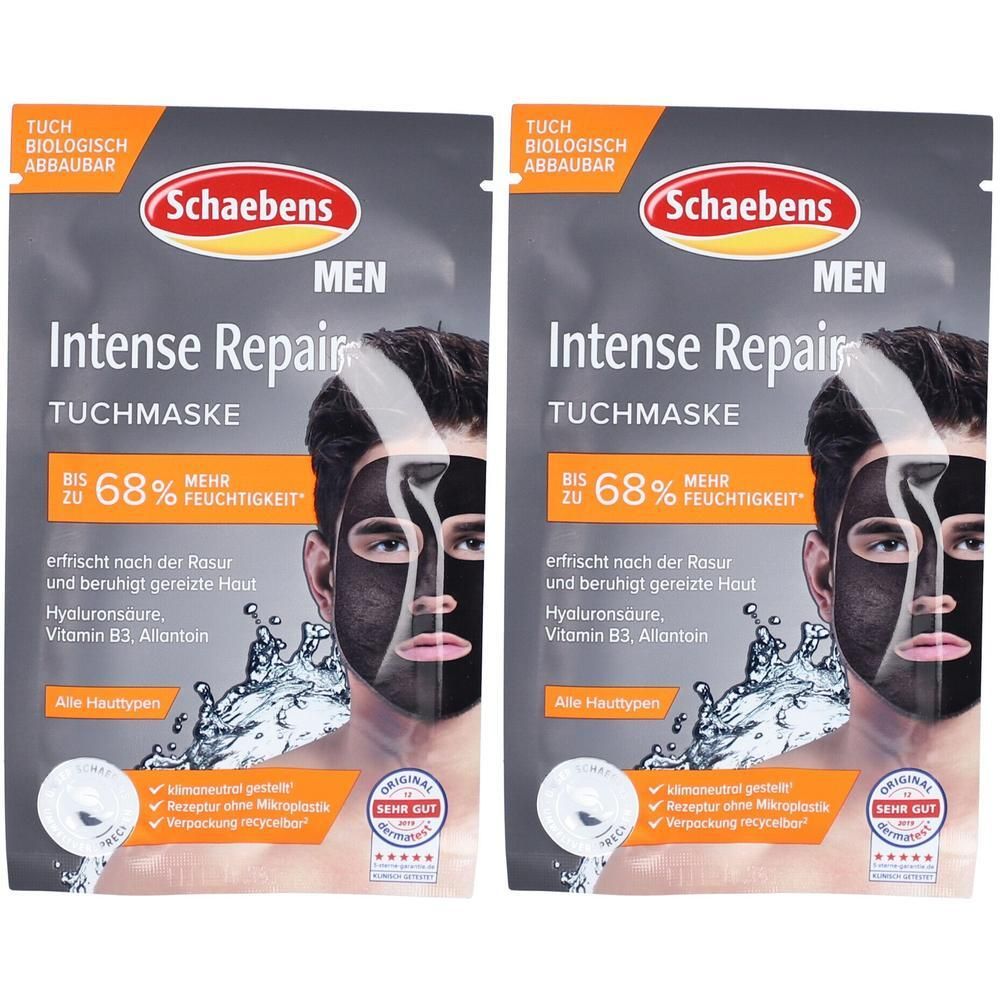 Zwei Beutel mit Gesichtsmasken. Aufschrift: Schaebens MEN Intense Repair Tuchmaske. Enthält Hyaluronsäure, Vitamin B3, Allantoin.