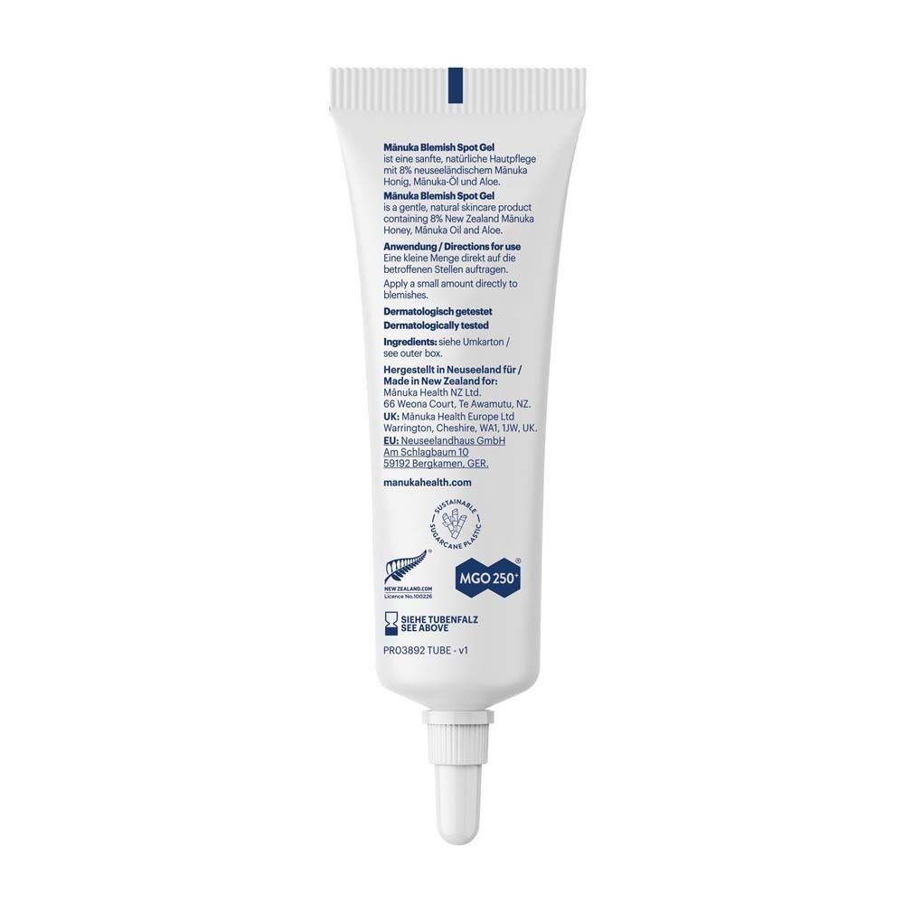 Rückseite der Tube. Text: Manuka Blemish Spot Gel, Inhaltsstoffe, Anwendung, dermatologisch getestet. Logo und Text: Manuka Health.