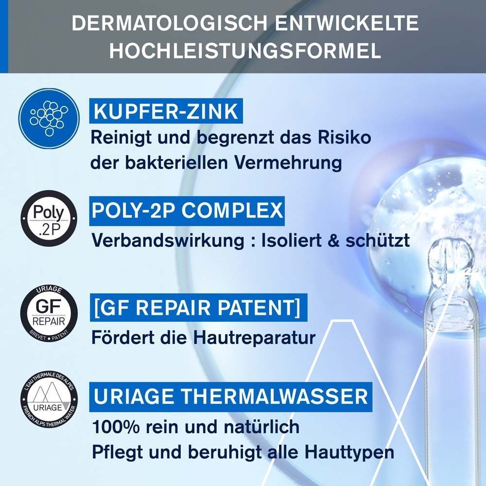 Grafik mit Inhaltsstoffen der URIAGE® Bariéderm-Cica Creme SPF 50+. Kupfer-Zink, Poly-2P Complex, GF Repair Patent, Thermalwasser.