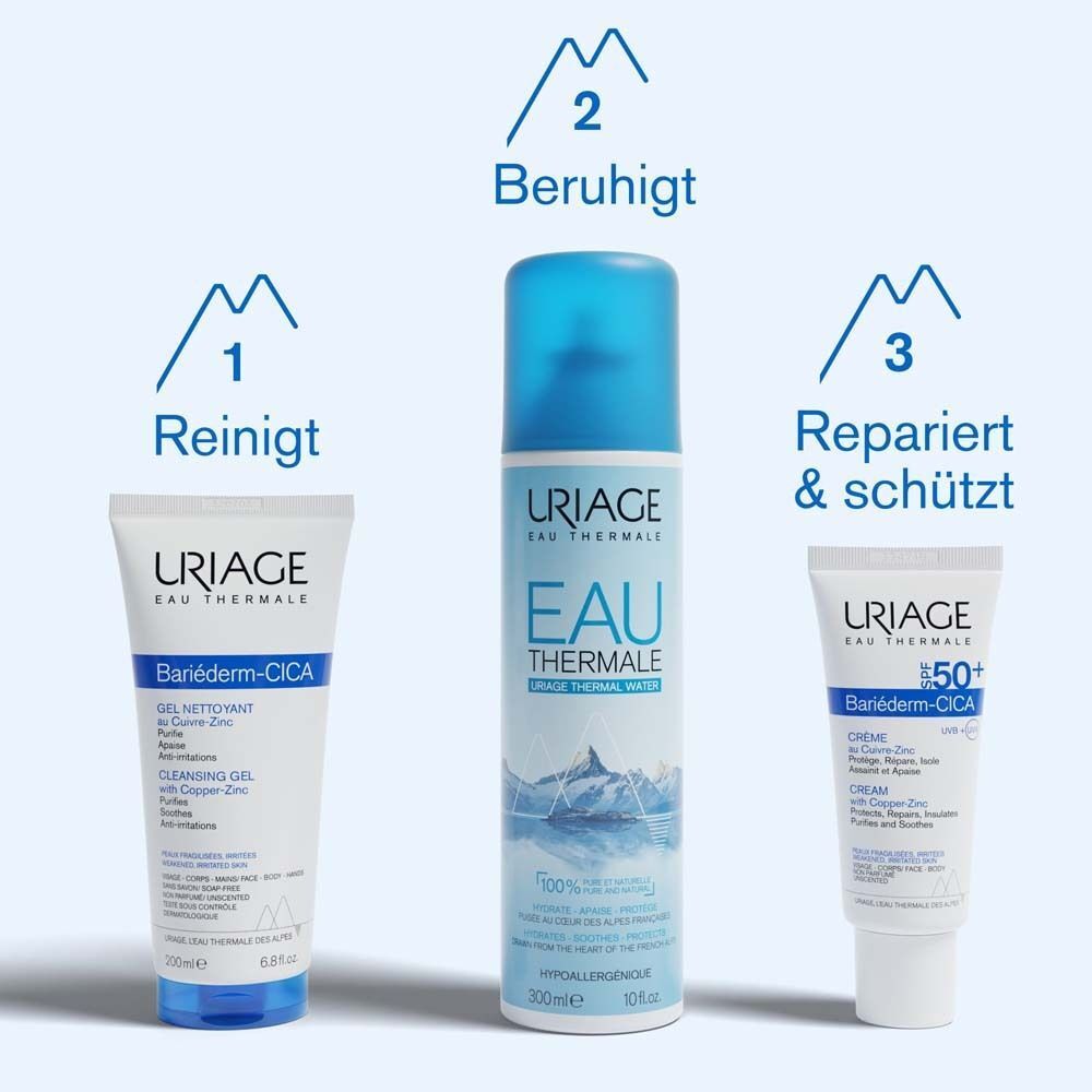 Drei URIAGE® Produkte: Bariéderm-Cica Gel, Eau Thermale, Bariéderm-Cica Creme SPF 50+. Reinigt, beruhigt, repariert & schützt.
