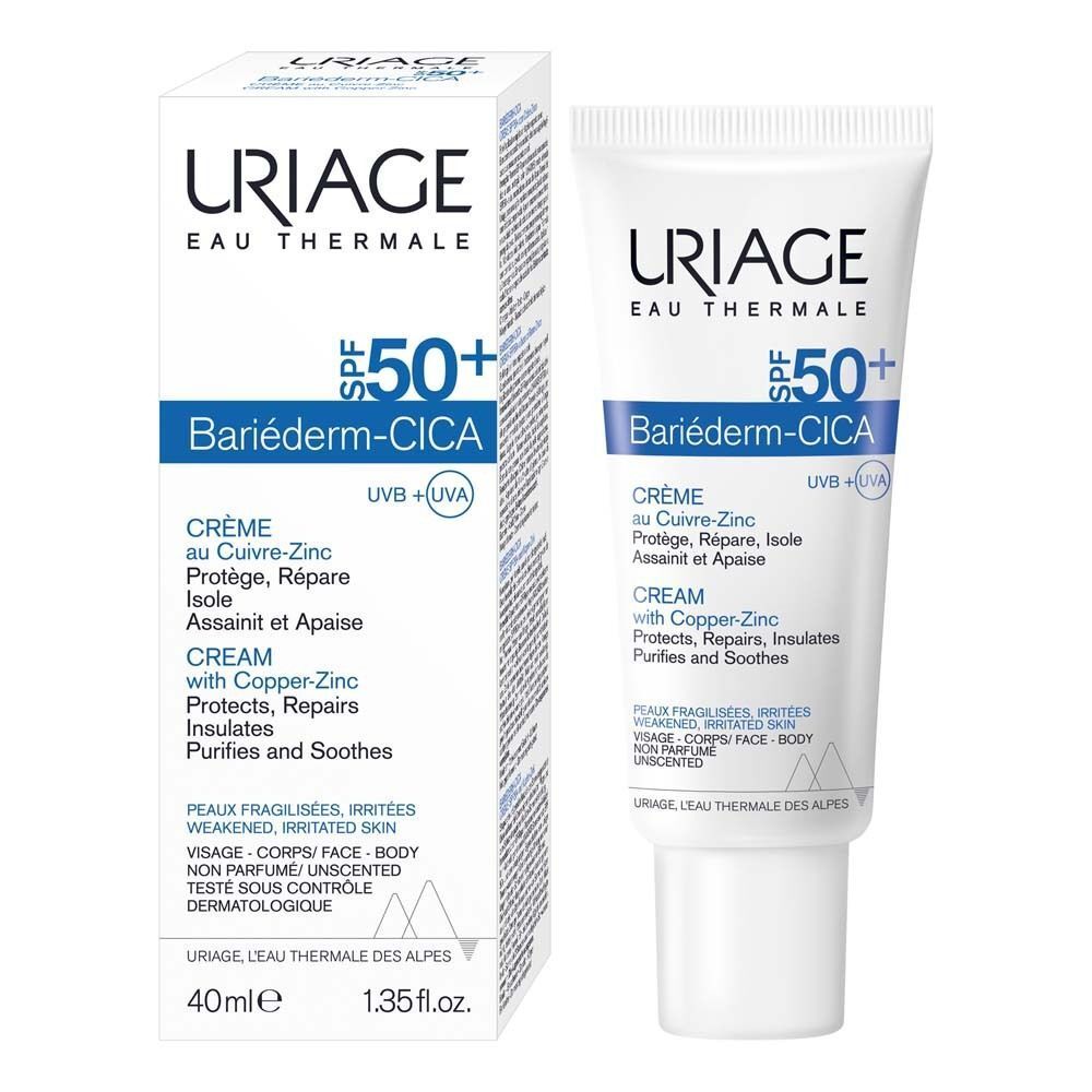 URIAGE® Bariéderm-Cica Creme SPF 50+ Tube und Verpackung. Weiße Tube, blaue Akzente, 40ml, SPF 50+.