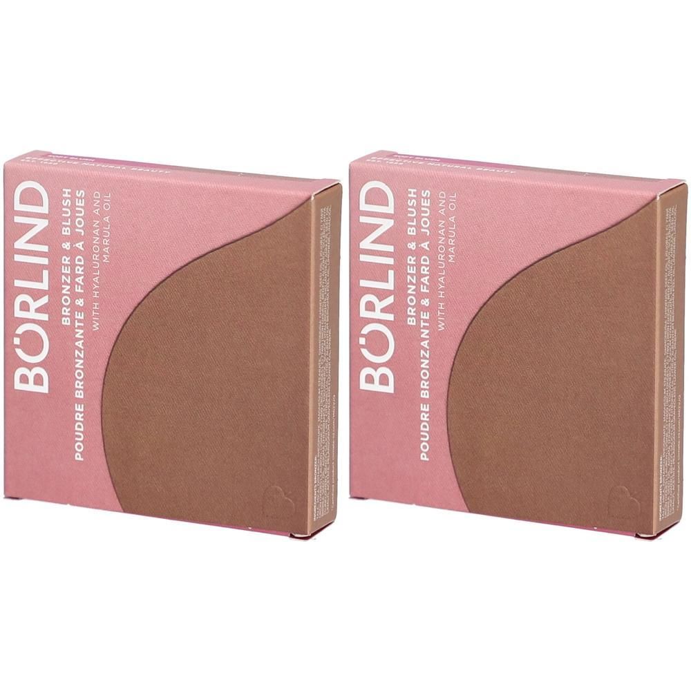 Zwei rechteckige Verpackungen. Aufschrift: BÖRLIND, Bronzer & Blush, Poudre Bronzante & Fard à Joues, mit Hyaluronan und Marulaöl.