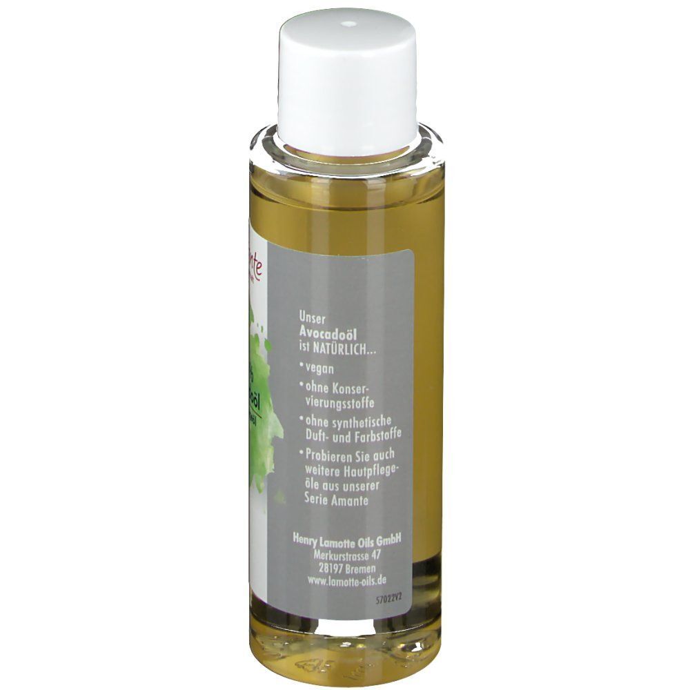 Flasche Avocadoöl. Weiße Kappe, transparente Flasche mit Etikett. Aufschrift: Avocadoöl natürlich, vegan, ohne Konservierungsstoffe.