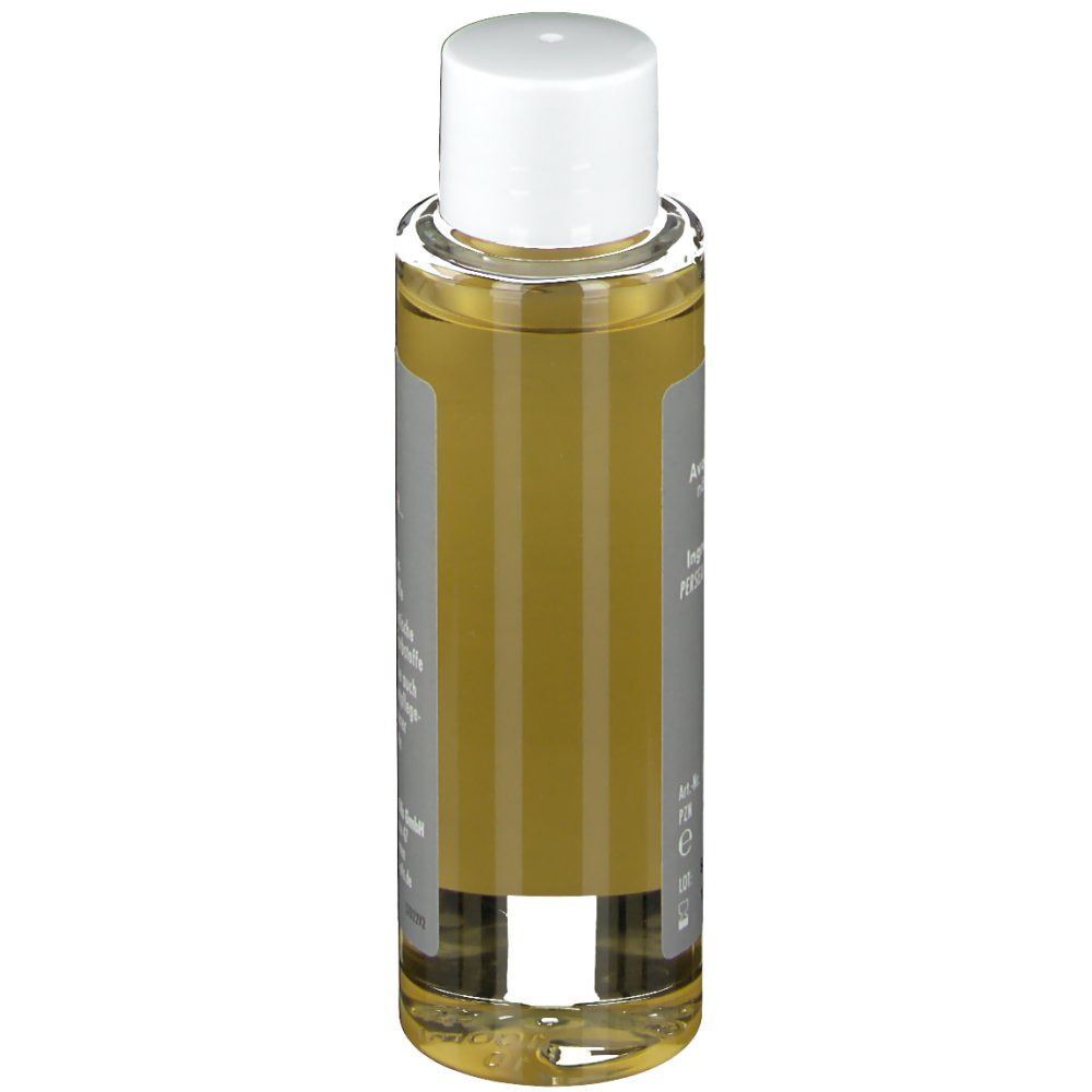 Flasche Avocadoöl. Weiße Kappe, transparente Flasche mit Etikett. Seitenansicht.