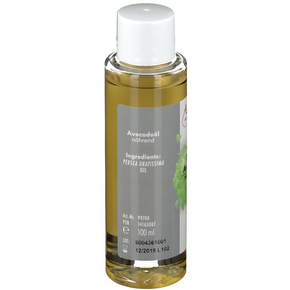 Flasche Avocadoöl. Weiße Kappe, transparente Flasche mit Etikett. Aufschrift: Avocadoöl nährend, 100 ml.