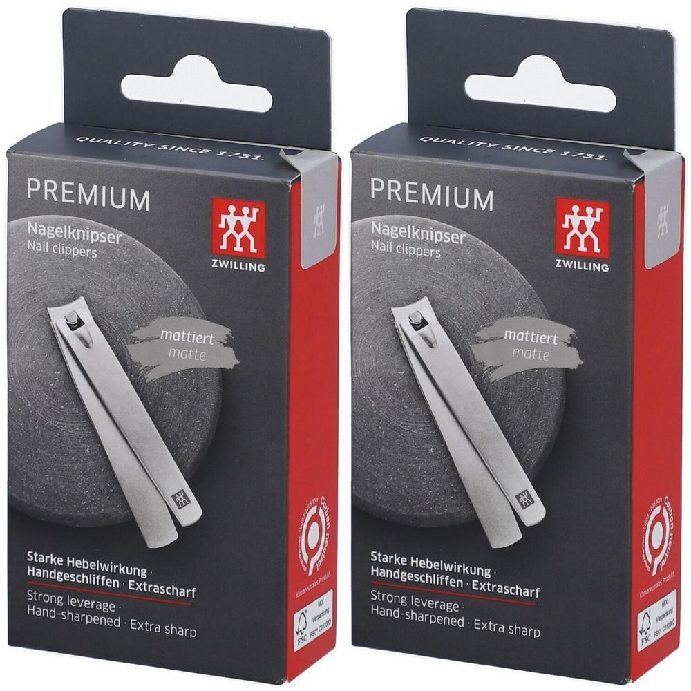 Zwei Packungen Nagelknipser. Aufschrift PREMIUM, Nagelknipser, ZWILLING. Starke Hebelwirkung, handgeschliffen, extrascharf. Mattiert.