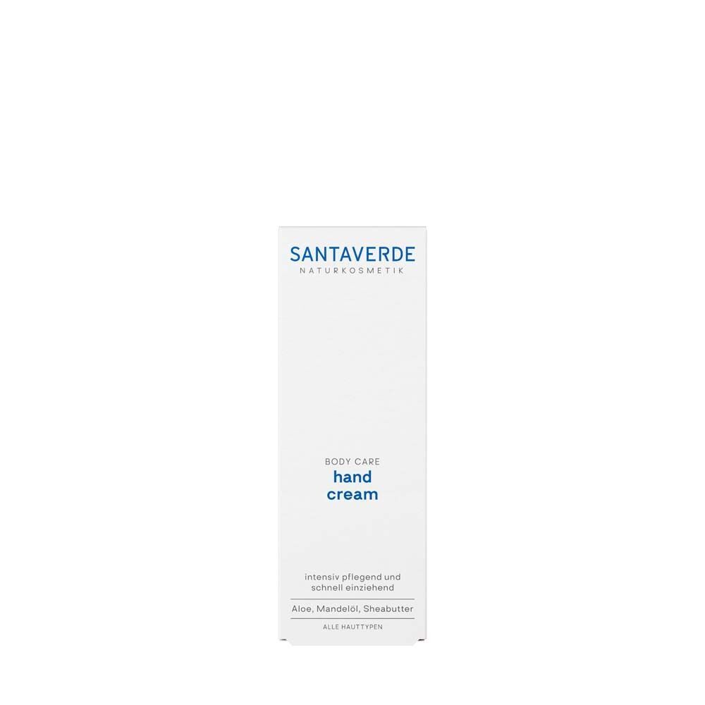 Weiße Verpackung Handcreme. Aufschrift: SANTAVERDE, Hand Cream. Text: intensiv pflegend und schnell einziehend. Inhaltsstoffe.