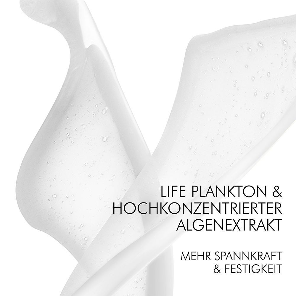 Nahaufnahme von weißer Flüssigkeit. Text: LIFE PLANKTON & HOCHKONZENTRIERTER ALGENEXTRAKT. MEHR SPANNKRAFT & FESTIGKEIT.