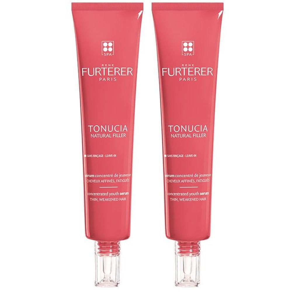 Zwei Tuben RENE FURTERER TONUCIA Natural Filler. Rosa Tuben mit weißer Schrift. Klare Dosierspitze.