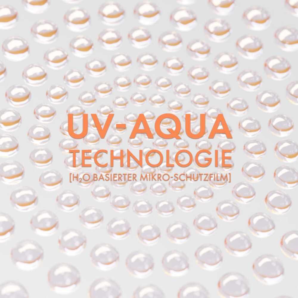 Viele Wassertropfen. Text: UV-Aqua Technologie. H2O-basierter Mikro-Schutzfilm.