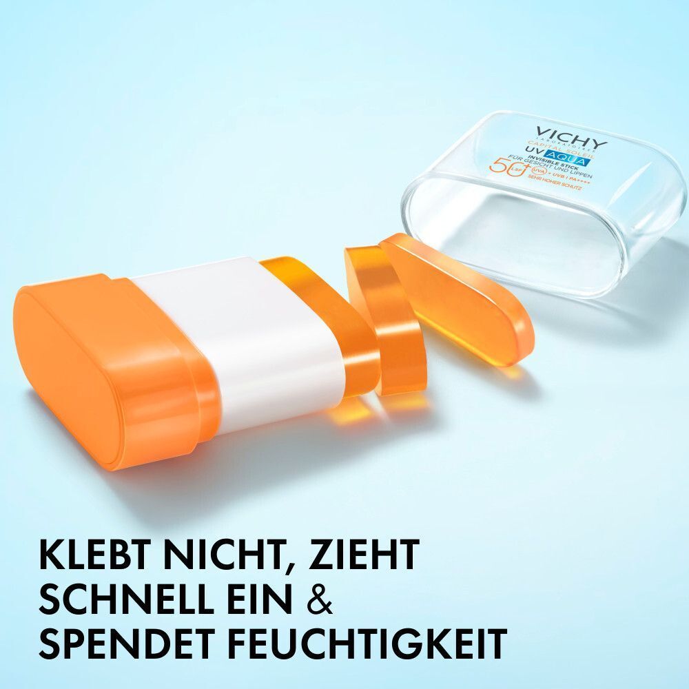 Sonnenschutz-Stick in Scheiben geschnitten. Weiß-oranger Behälter. Text: Klebt nicht, zieht schnell ein.