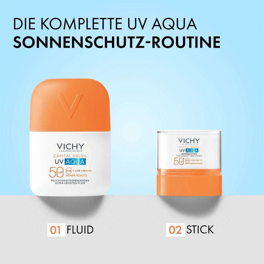 Zwei Sonnenschutzprodukte. Links: Fluid. Rechts: Stick. Text: Die komplette UV Aqua Sonnenschutz-Routine.