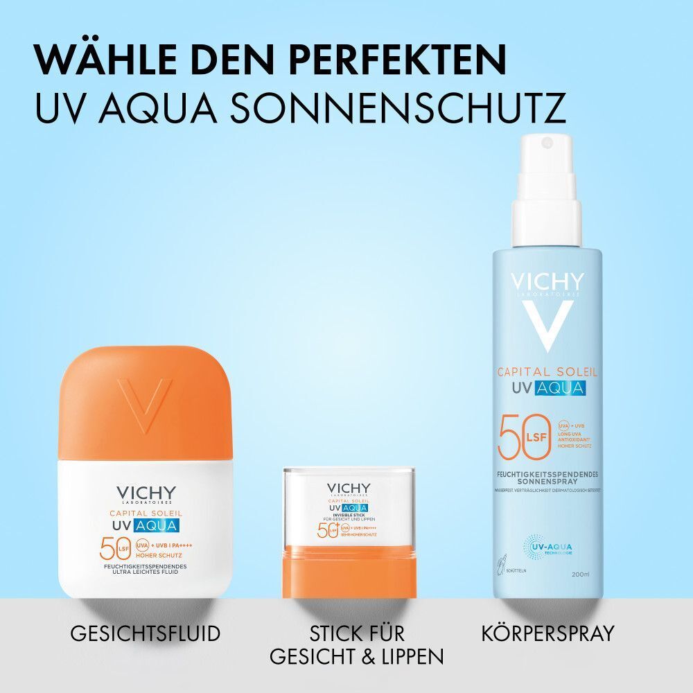 Drei Sonnenschutzprodukte. Links: Gesichtsfluid. Mitte: Stick. Rechts: Körperspray.