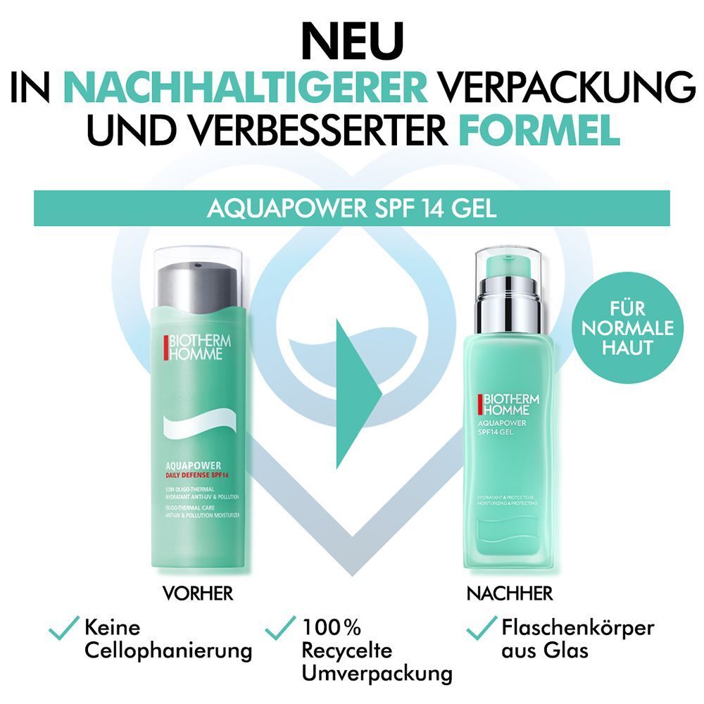 Vergleich von alter und neuer Verpackung. Links: Flasche mit "VORHER". Rechts: Flasche mit "NACHHER". Text: "IN NACHHALTIGERER VERPACKUNG".