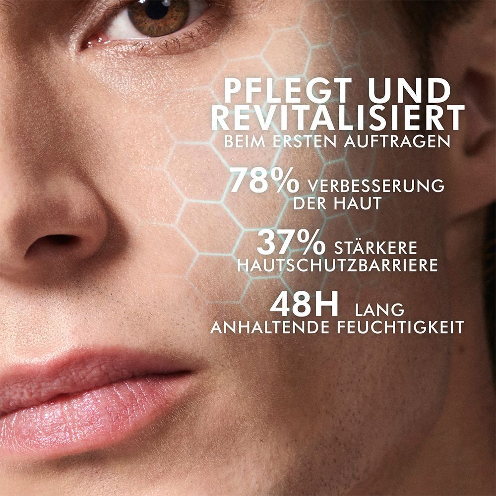 Nahaufnahme eines Mannes. Text: "PFLEGT UND REVITALISIERT". Grafische Darstellung von Hautzellen. Text: "78% Verbesserung der Haut".
