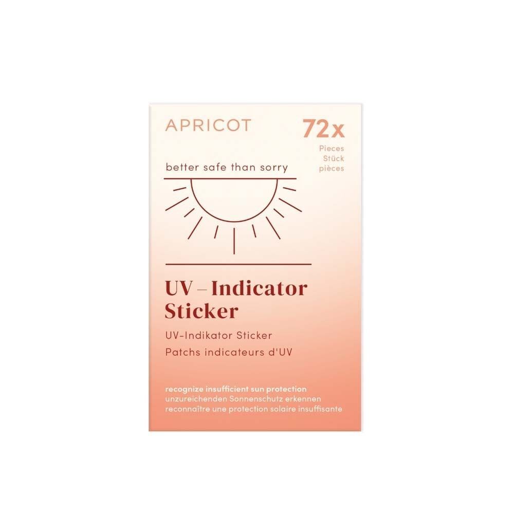 Verpackung UV-Indikator-Sticker. Marke: APRICOT. Text: 72 Stück, UV-Indicator Sticker, better safe than sorry.
