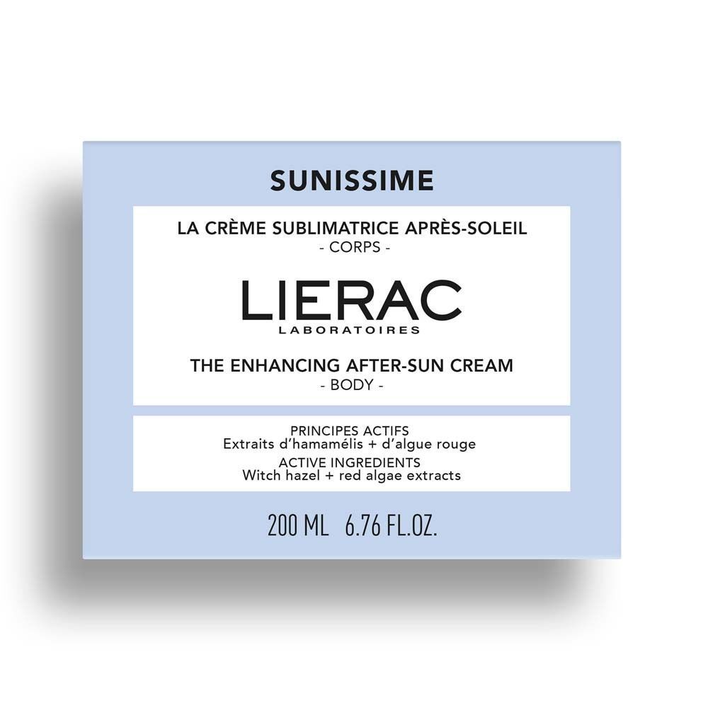 Verpackung mit Produktinformationen. Aufschrift: SUNISSIME, LIERAC. Text: La crème sublimatrice après-soleil - corps. The enhancing after-sun cream - body.