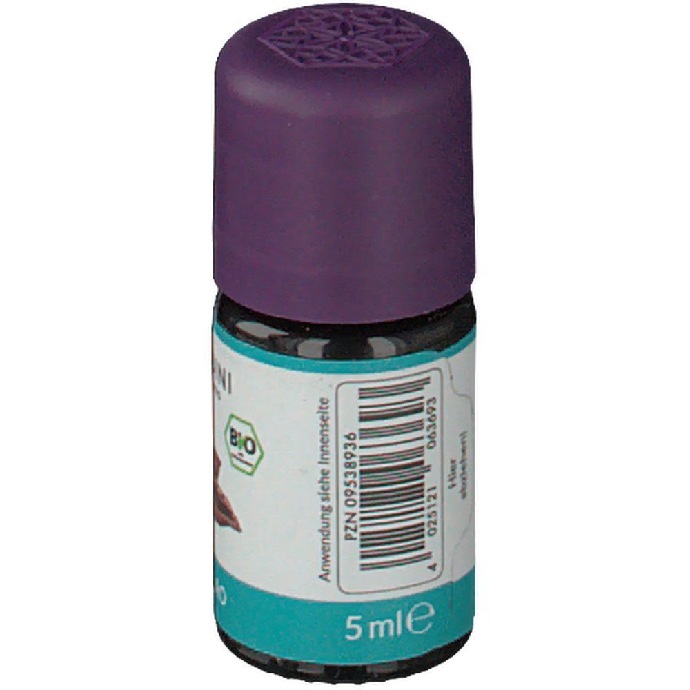 Ein Fläschchen BALDINI BY TAOASIS BIO Kakao Aromaöl, 5ml, mit lila Schraubverschluss und Etikett mit Barcode.