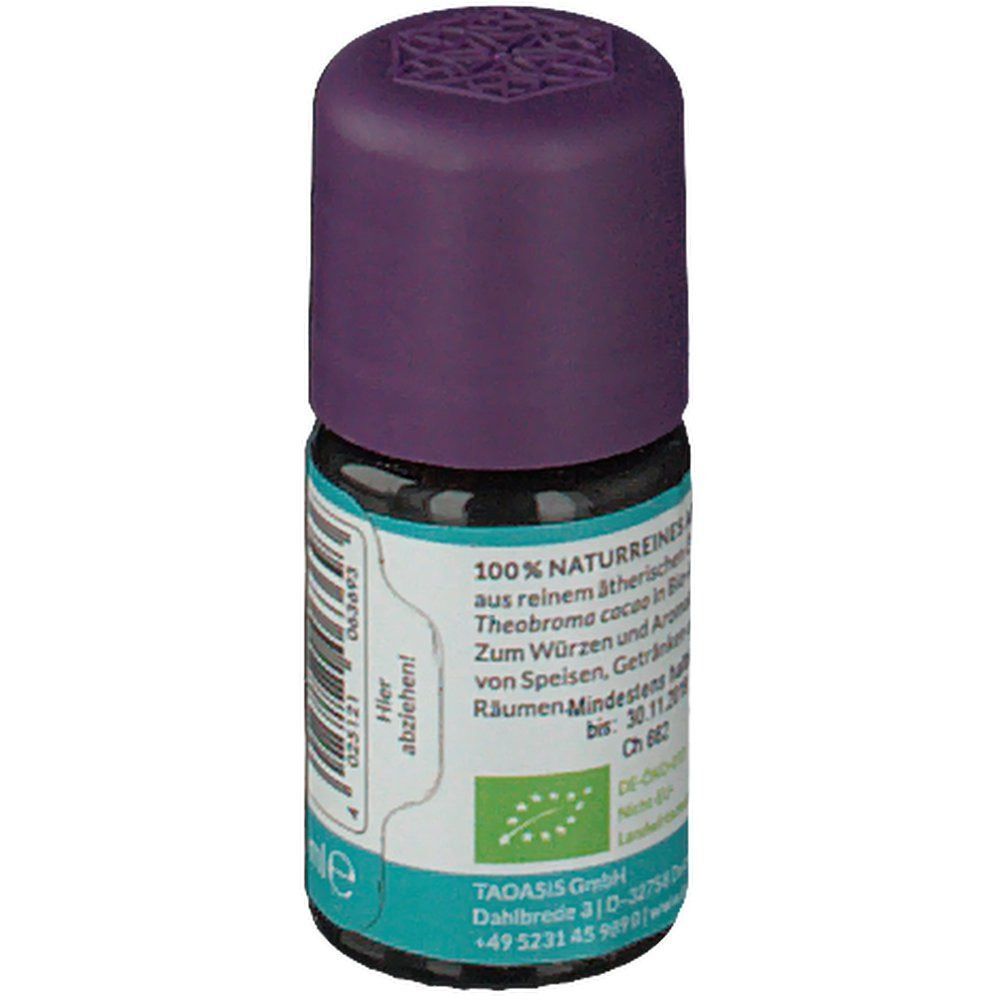 Rückseite eines Fläschchens BALDINI BY TAOASIS BIO Kakao Aromaöl mit Bio-Siegel und Herstellerangaben.