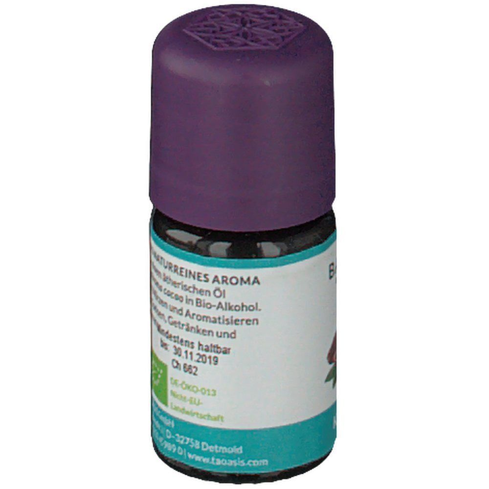 Seitenansicht eines Fläschchens BALDINI BY TAOASIS BIO Kakao Aromaöl mit Bio-Siegel und Text.