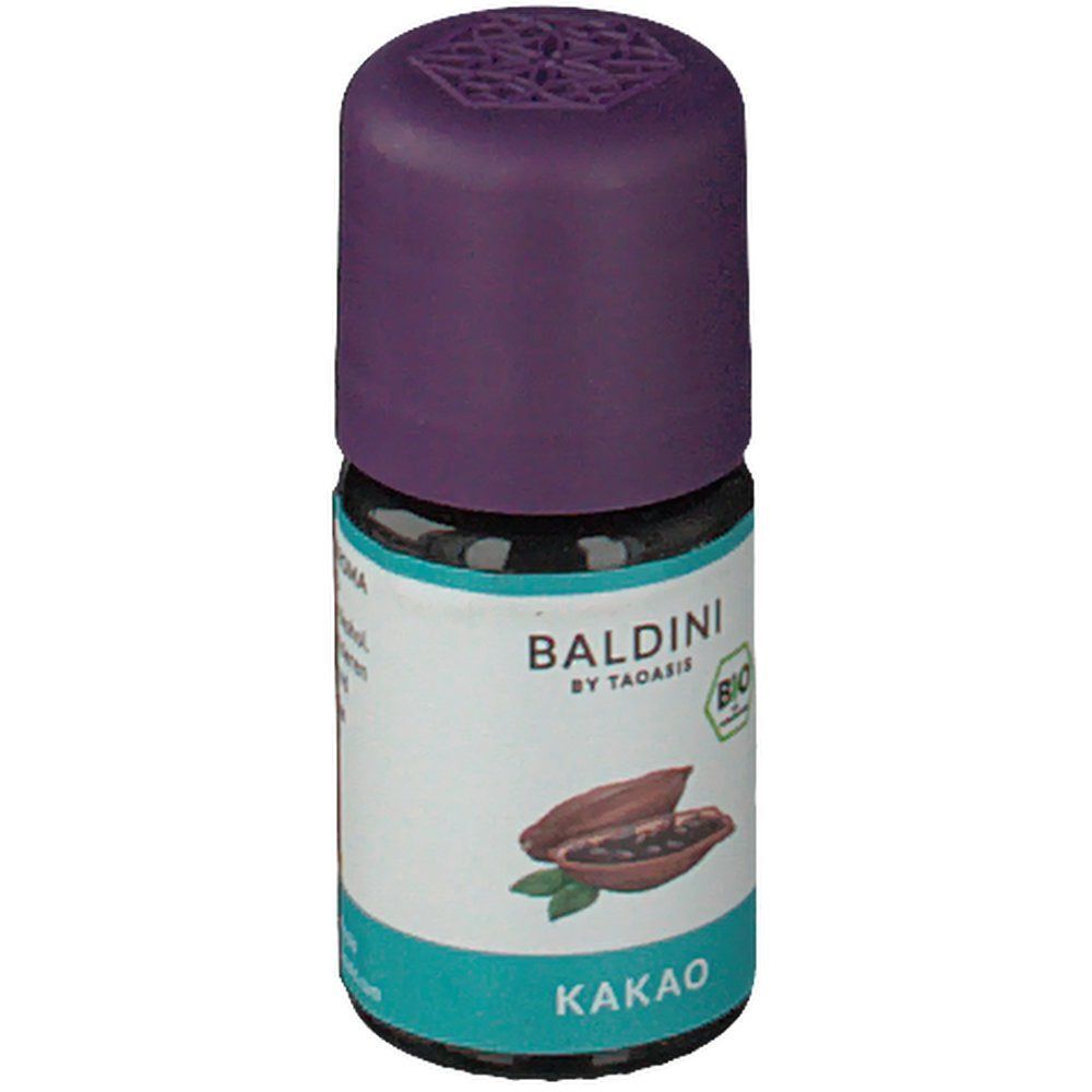 Ein Fläschchen BALDINI BY TAOASIS BIO Kakao Aromaöl mit lila Schraubverschluss, Kakaobohnen-Abbildung und Bio-Siegel.