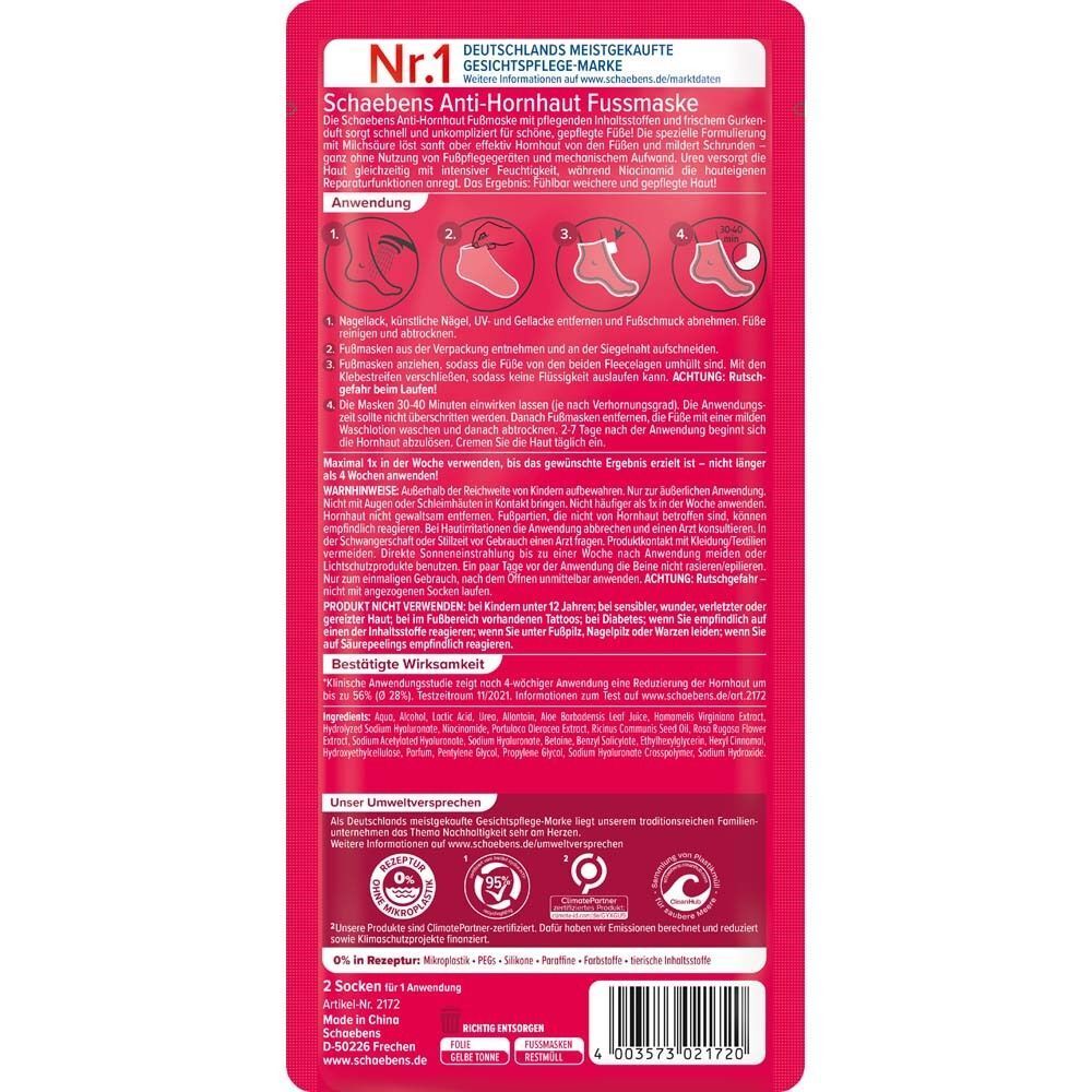 Rückseite der Schaebens Anti-Hornhaut Fußmaske. Rote Verpackung mit Text und Anwendungsanleitung. Enthält Informationen zum Produkt.