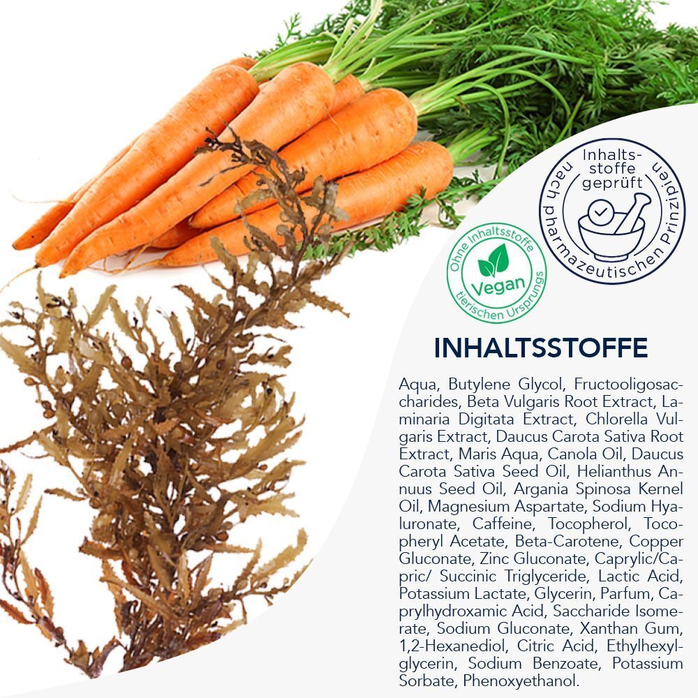 Zutaten von frei öl® Öl Essence. Karotten, Algen und Inhaltsstoffliste. Vegan-Siegel und pharmazeutische Qualitätsmarke.