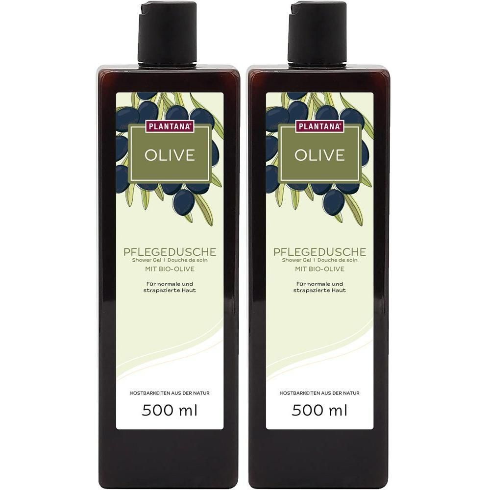 Zwei braune Flaschen mit schwarzem Deckel. Aufschrift: PLANTANA OLIVE Pflegedusche, 500 ml. Mit Bio-Olive.