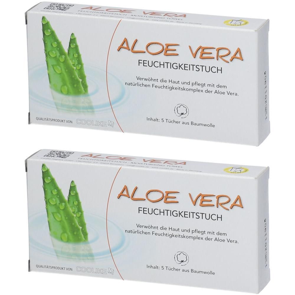 Zwei weiße Kartons mit Aloe Vera Feuchtigkeitstücher. Text: Aloe Vera, Feuchtigkeitstuch. Abbildung: Aloe Vera Blätter.