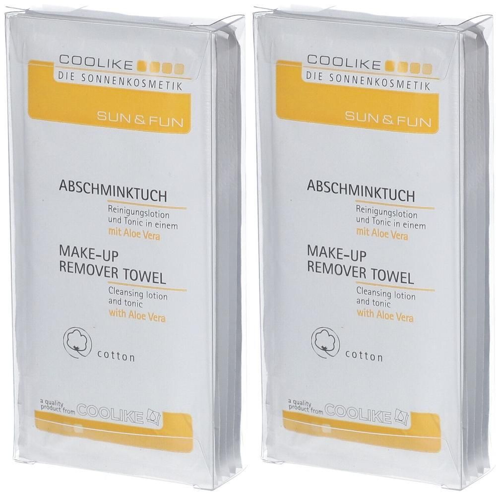 Zwei Packungen Abschminktücher. Aufschrift: Coolike, Sun & Fun, Abschminktuch, Make-up Remover Towel, mit Aloe Vera. Baumwolle.