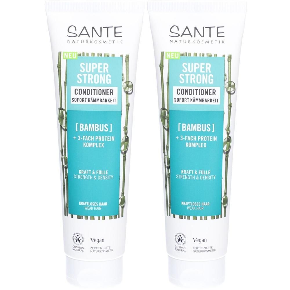Zwei Tuben SANTE Super Strong Conditioner. Weiße Tuben mit grünen und türkisfarbenen Elementen. Text: BAMBUS, +3-FACH PROTEIN KOMPLEX.