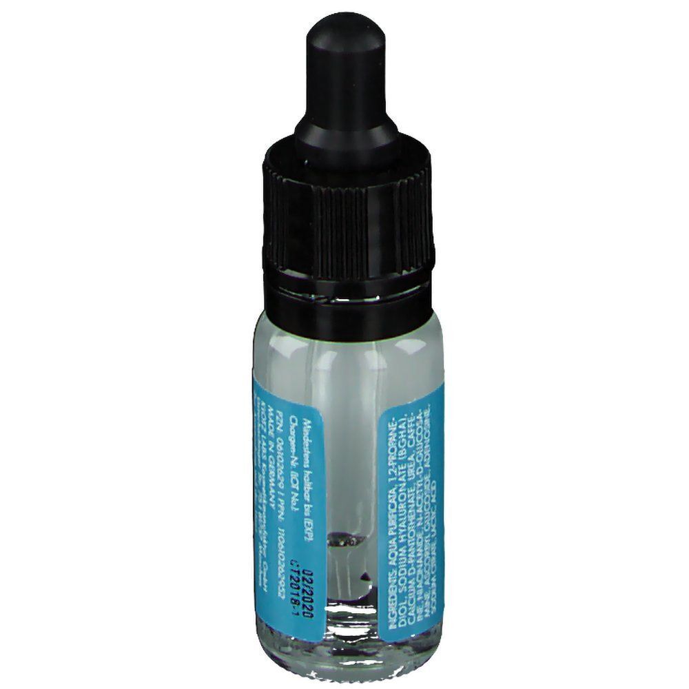 Fläschchen KLOTZ LABS Contourista Anti-Aging Serum mit schwarzer Pipette und blauem Etikett. Rückseite mit Text und Chargennummer.