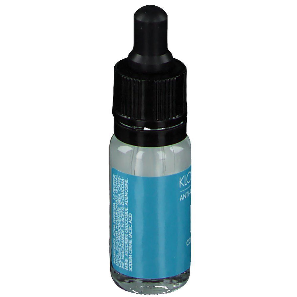 Fläschchen KLOTZ LABS Contourista Anti-Aging Serum mit schwarzer Pipette und blauem Etikett. Rückseite mit Text.