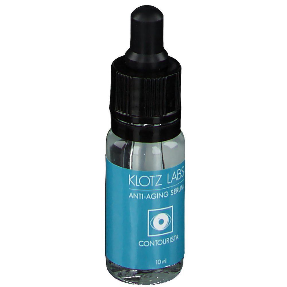 Fläschchen KLOTZ LABS Contourista Anti-Aging Serum mit schwarzer Pipette und blauem Etikett. Aufschrift: Contourista, 10 ml.