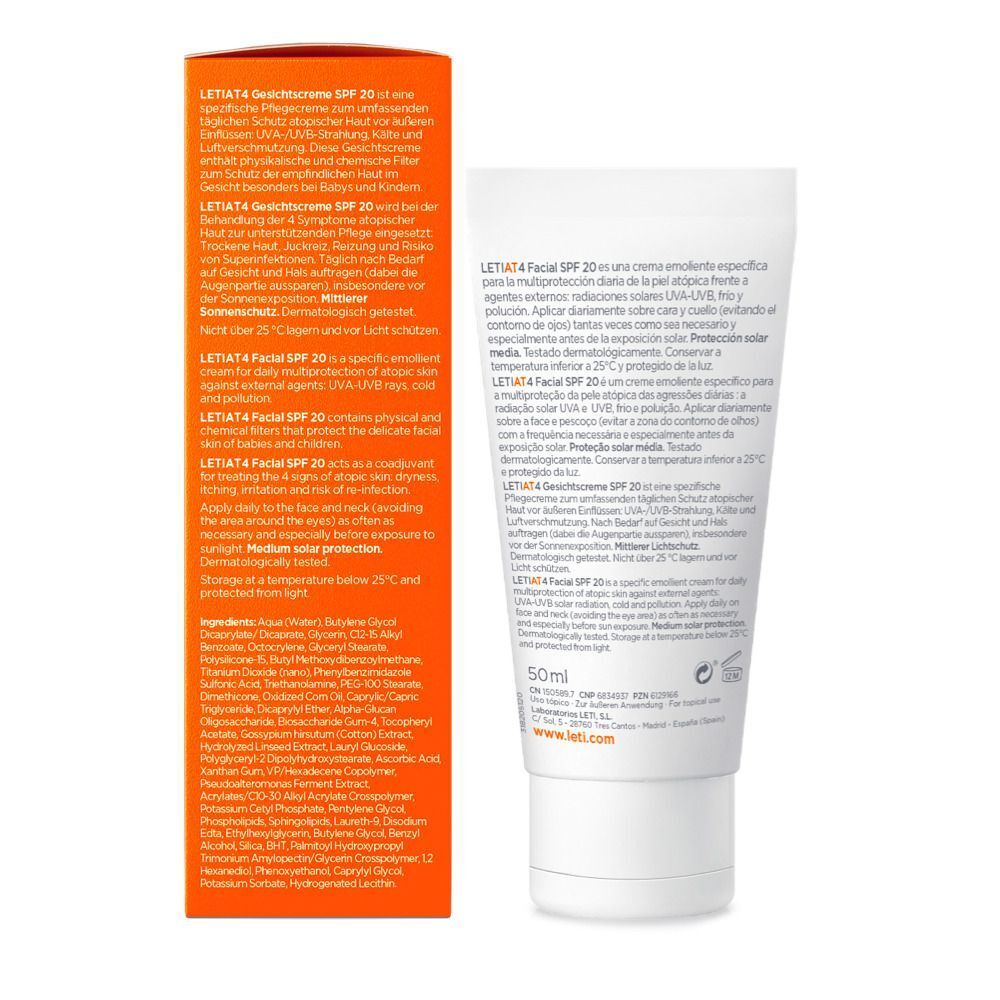 Rückseite der LETI AT4 Gesichtscreme SPF 20-Verpackung. Text in mehreren Sprachen. Inhaltsstoffe und Anwendungshinweise.