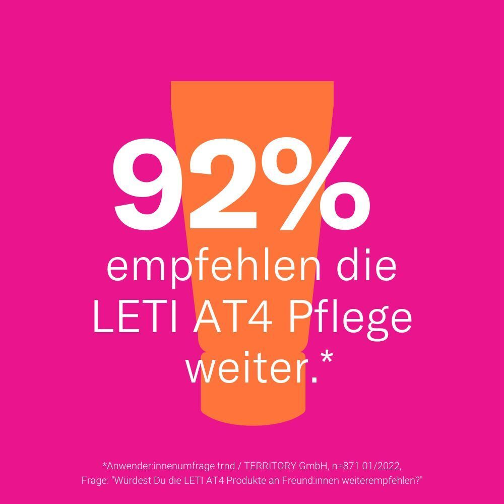 Rosa Hintergrund mit orangefarbener Tube. Text: 92% empfehlen die LETI AT4 Pflege weiter.
